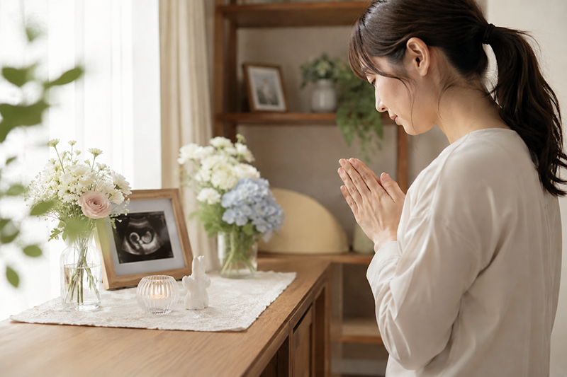 自宅で手を合わせる女性